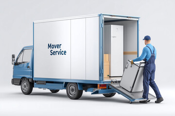 A mover in uniform wheeling a refrigerator using a trolley ramp into the back of a small lorry. "Mover Service" clearly visible on the lorry door