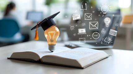 Inspiring scene depicting the power of education with a bright lightbulb wearing a graduation cap sitting atop an open book surrounded by floating online learning icons and a dreamy