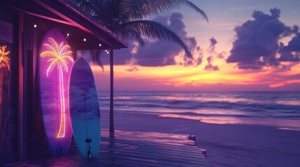 Tropical sunset scene with two surfboards leaning against a beach hut, illuminated by neon palm tree lights