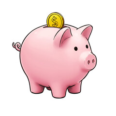 Pink piggy bank with a golden coin inserted on a white background  