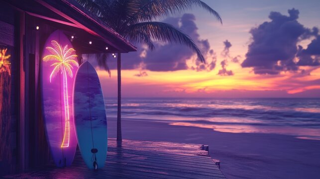 Tropical sunset scene with two surfboards leaning against a beach hut, illuminated by neon palm tree lights