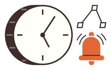 Analog clock with bold markers, ringing alarm bell, and a simple diagram. Ideal for productivity, workflow, deadlines, schedules, organization planning focus. Conceptual simple flat metaphor