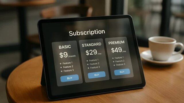 Subscription plans comparison: basic, standard, premium pricing tiers and features on tablet screen