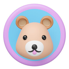 3d cute bear head in the circle label icon isolated. mascot, character, logo, cartoon style, 3d render illustration