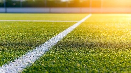 Vibrant green sports field with crisp white boundary lines glowing under warm golden sunlight
