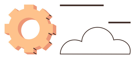 Gear and outlined cloud shape with horizontal parallel lines. Ideal for technology, cloud computing, innovation, process, networking, automation, communication. A simple flat metaphor