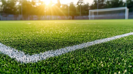 Lush green sports turf with clearly defined white lines bathed in warm golden sunset lighting creating a peaceful and inviting atmosphere for athletic activity