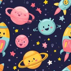 Naklejka premium Cute Seamless Pattern for Kids Featuring Cartoon Space Elements