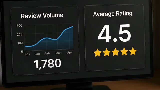 Track your business performance with review volume and average rating analytics dashboard display screen