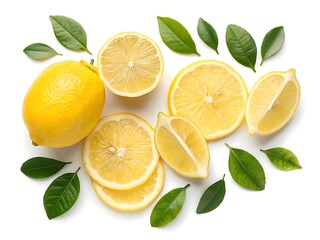 Fototapeta premium Fresh yellow lemons and slices with green leaves isolated on white background