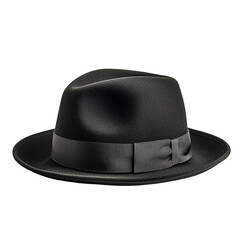 A classic black fedora hat with a stylish ribbon sits against a stark black background