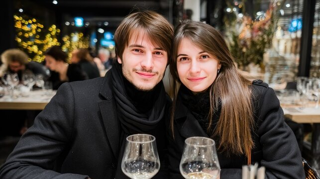 Young couple embraces in a cozy bar setting, enjoying warm lighting and a lively atmosphere with blurred party lights in the background