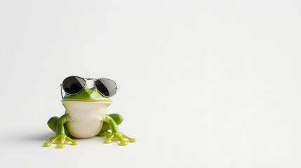 A whimsical and humorous close up image of a green frog wearing stylish aviator sunglasses sitting on a plain white background with a quirky and playful expression