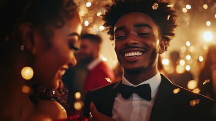 Joyful celebration at a formal gathering with dancing and laughter among friends in a festive atmosphere