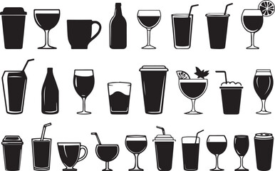 Beverages or drinks icon set. Containing bottle, wine glass, coconut, mineral water, tea, coffee, beer, soda can, juice, cup, cocktail.