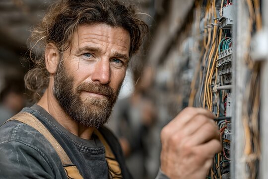 A focused electrician meticulously connecting intricate wiring inside a bustling industrial facility