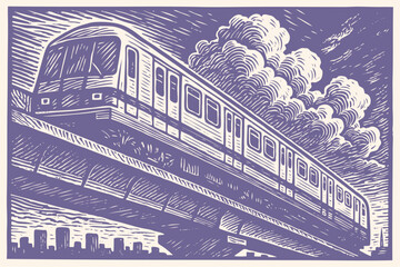 A modern metro train on an elevated railway above a city. Vector illustration in a dynamic, vintage woodcut or linocut print style for transport themes.