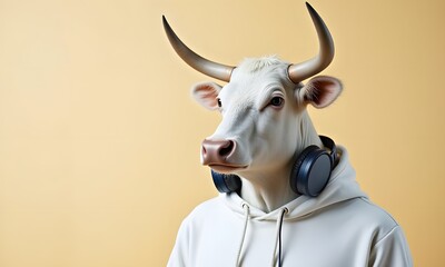 Quirky White Bull in Casual Cream Hoodie Wearing Headphones against Warm Background