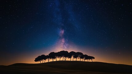 Starry Night Serenity: Silhouetted Trees Under the Milky Way