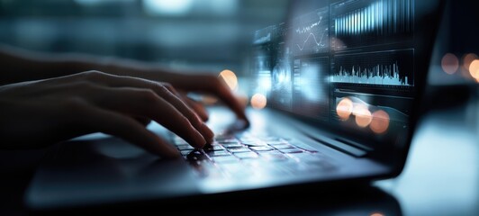 The laptop displaying data analytics at night with hands typing.