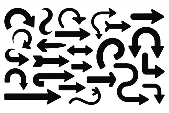 Collection of diverse black arrow shapes and directions silhouette