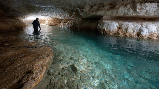 portrait of speleologist exploring underground lake captured in dynamic shot with neutral expression