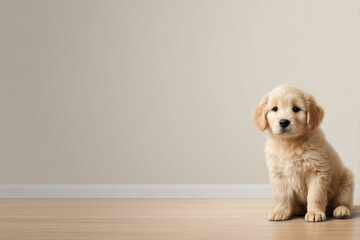 ベージュの壁を背景に座る愛らしいゴールデンレトリバーの子犬