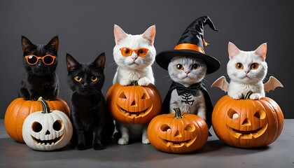 A vibrant Halloween-themed illustration featuring a playful arrangement of whimsical pumpkins styled