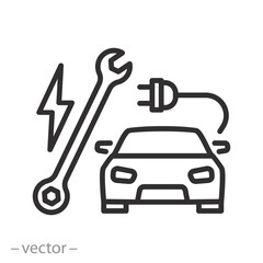 repair electric car icon, electric vehicle service station, auto repair, wrench with plug, charging transport, thin line symbol on white background - editable stroke vector illustration eps 10