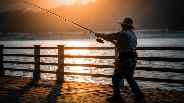 a man fishing on a pier at sunset with the sun setting in the background and the water behind him