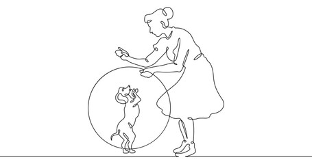 Continuous one line drawing trained dog. Animal trainer. Circus artist with a dog. Circus. One continuous line isolated minimal illustration.Not AI.