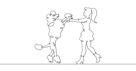 Continuous one line drawing trained dog. Animal trainer. Circus artist with a dog. Circus. One continuous line isolated minimal illustration.Not AI.