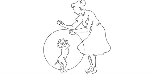 Continuous one line drawing trained dog. Animal trainer. Circus artist with a dog. Circus. One continuous line isolated minimal illustration.Not AI.