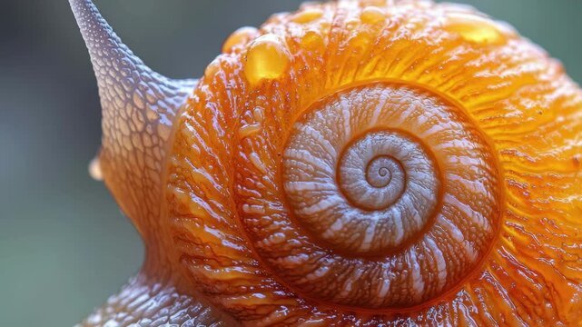 Close-up of an orange spiral snail shell showcasing intricate patterns and textures under natural lighting