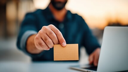 Man wearing navy blue shirt holding blank brown cardboard business card in front of laptop while sitting at office desk with blurred background and warm lighting indoors
