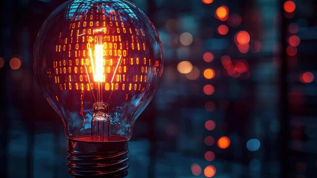 Illuminated light bulb displays binary code against a blurred background of colored lights