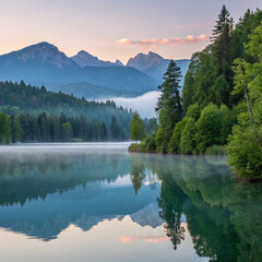 "Tranquil Mountain Lake with Reflections at Sunrise"

