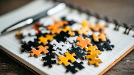 Loose black orange and white puzzle pieces scattered on an open lined notebook with a pen lying on the side on a wooden table surface close up