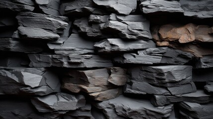 Dark gray layered rock formation with rough texture and irregular shapes tightly stacked together creating a natural stone wall with some brownish patches and shadows