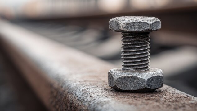 Close-up of a weathered bolt on railroad track - Powered by Adobe