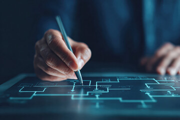 A close-up of a hand holding a pen, drawing or interacting with a digital flowchart or schematic on a transparent touchscreen.