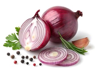 Whole and sliced red onion with parsley garlic and peppercorns isolated on white background