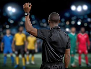 Referee in black uniform raises hand with whistle, signaling a decision during a soccer match, with blurred players in colorful jerseys in the background, capturing the intensity of the game