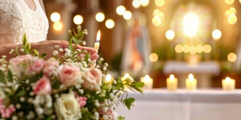 A bride holds a lit candle beside an elegant floral bouquet during a romantic wedding ceremony in a church