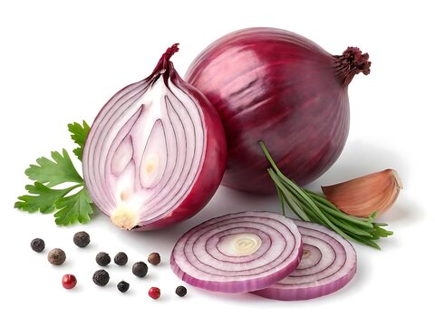 Whole and sliced red onion with parsley garlic and peppercorns isolated on white background