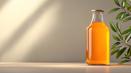 Orange Juice Bottle Mockup:  A refreshing drink in a clear glass bottle, golden cap,  with sunlight and green leaves.