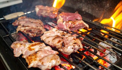 Grilling Meat BBQ Steak Flames Charcoal Grill.