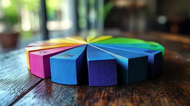 Colorful wooden pie chart displayed on a rustic wooden table in a bright indoor space during daylight