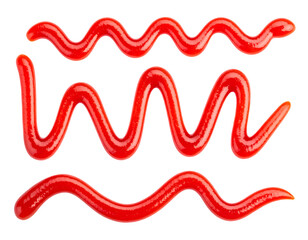 multiple ketchup squiggle lines in artistic zigzag and wave shapes with glossy texture on isolated background
