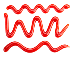 multiple ketchup squiggle lines in artistic zigzag and wave shapes with glossy texture on isolated background
